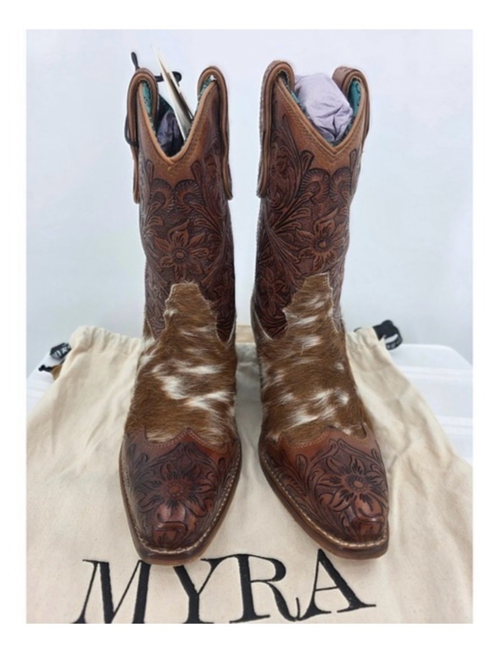 MYRA- Kelsey Anne Hair-on Hide Hand-tooled Leather Boots Brown/Cream Size 6 NWT - Picture 2 of 9